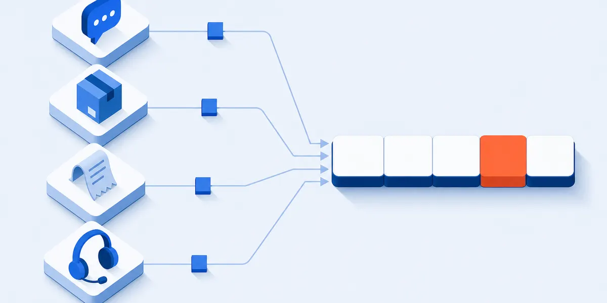 Four separate service moments on the left each send a token along a line into a single five-segment rating bar on the right