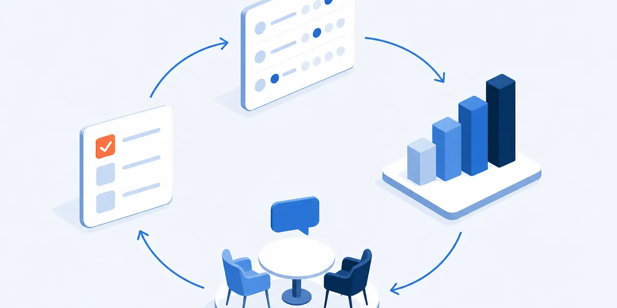 A loop of four icons: survey card, results chart, conversation, and a checklist