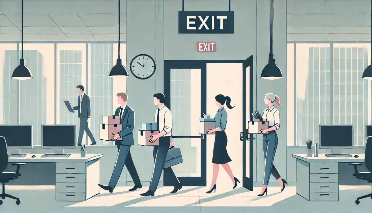 Abstract illustration representing employee exit surveys with checkmarks and feedback forms, symbolizing the process of gathering valuable insights from departing employees.