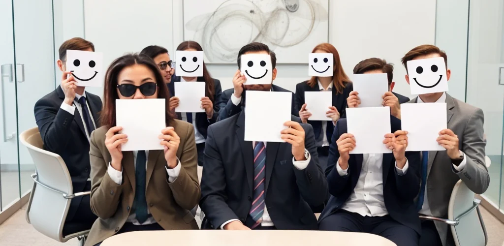 Staff sitting in an office holding a sheet of paper with various emojis over their faces representing an employee wellness survey