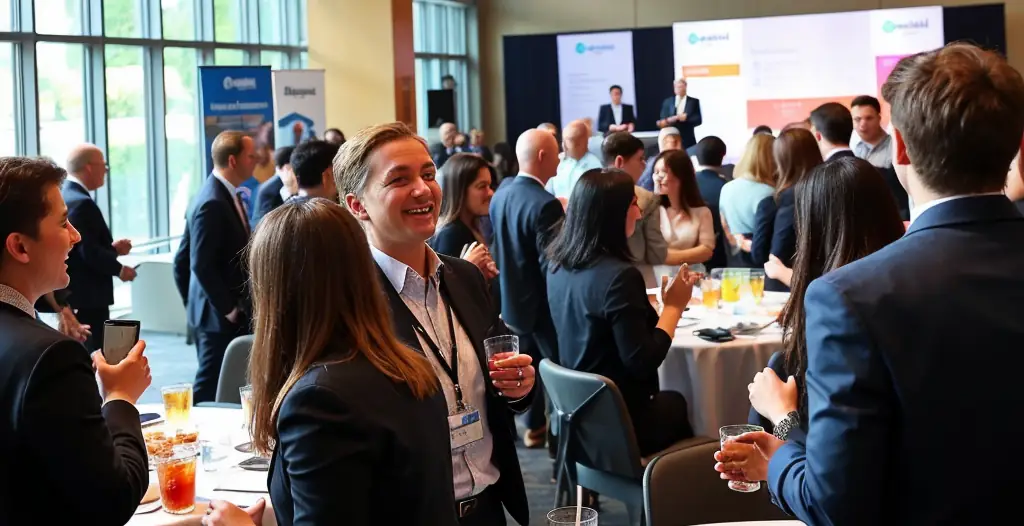 A group of people at a lively work conference, engaging in animated conversations and enjoying the event in a bright, modern conference hall.