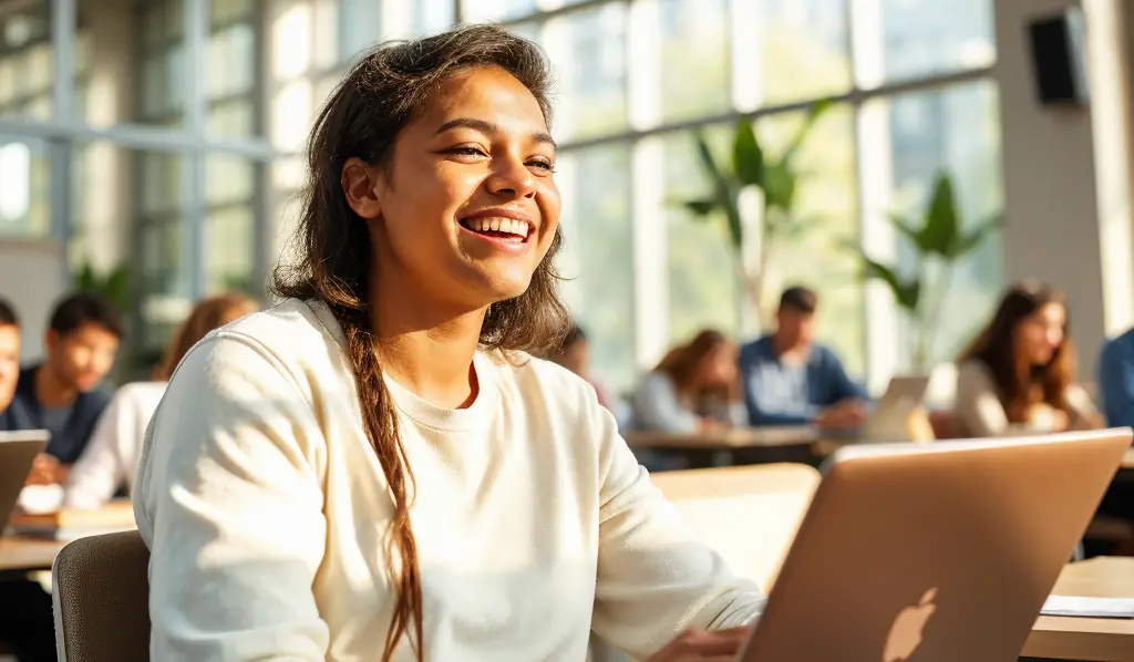 The image shows a cheerful university student sitting in a modern, well-lit classroom. The student is smiling as they focus on their laptop, surrounded by a lively environment with other students engaged in discussions in the background. Large windows allow soft sunlight to flood the room, creating a warm and inviting atmosphere. The classroom is spacious, with contemporary furniture and indoor plants that add a touch of greenery, enhancing the positive and vibrant mood.