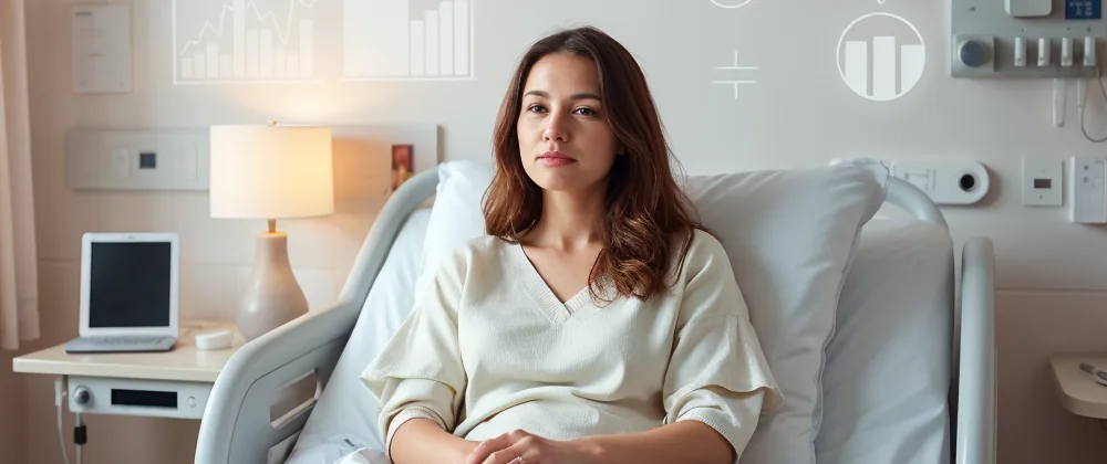 Patient laying in a hospital bed with superimposed art in the background