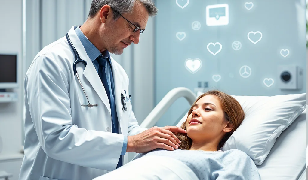 Patient filling out healthcare satisfaction survey next to doctor in a hospital bed