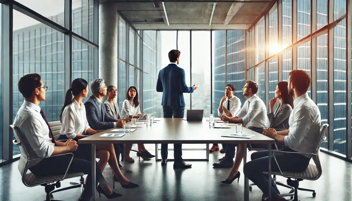 Leader standing in a room in front of staff members about to provide feedback