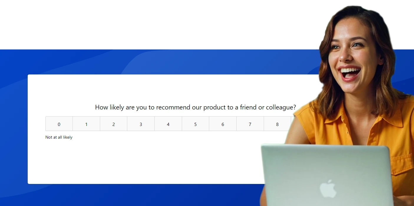 Lady taking a survey with a Likert scale question asking how likely someone would be to suggest a product