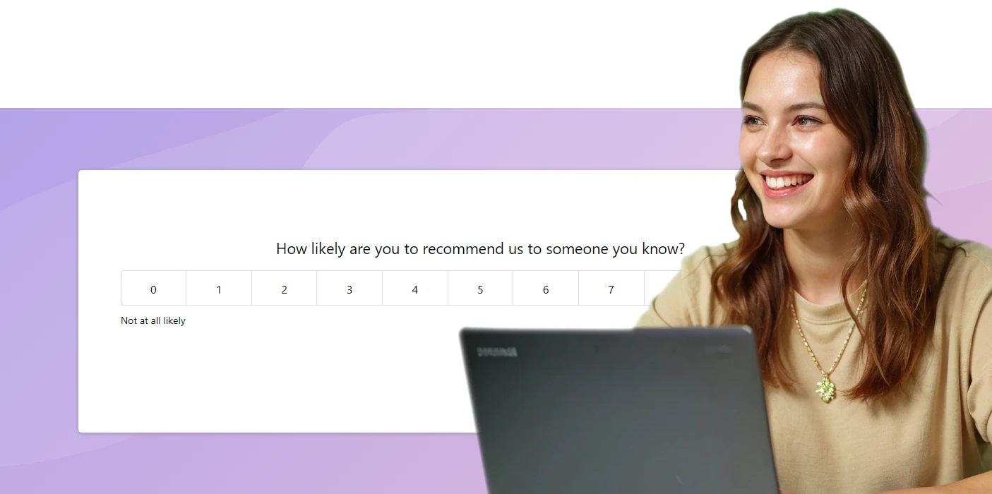 Lady taking a survey with a Likert scale netpromoter question