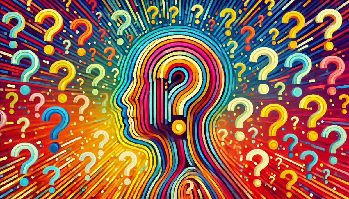 Abstract image of a human head made of colorful stripes, surrounded by vibrant question marks. The dynamic colors and patterns represent the complexity of mental health, with the questions symbolizing introspection, uncertainty, and the exploration of ones mental well-being.