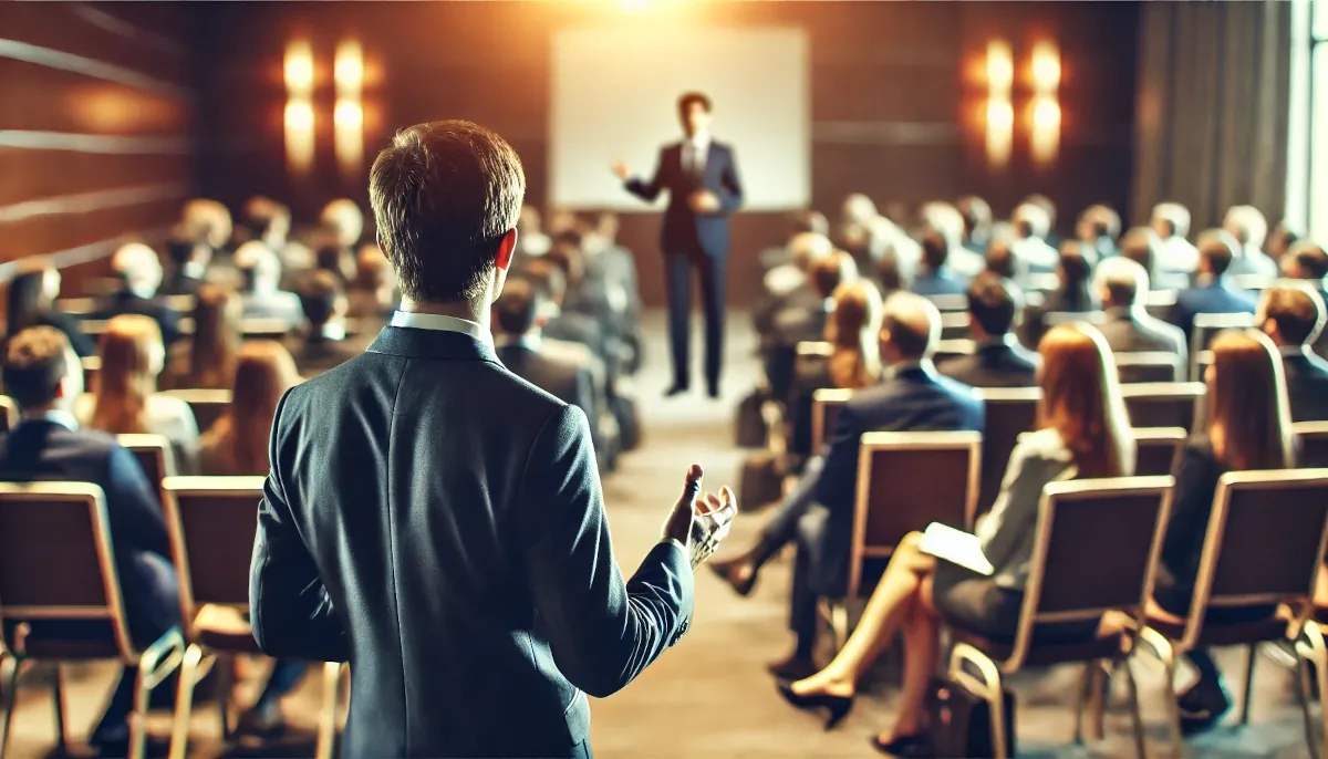 People sitting at a conference looking towards a guest speaker