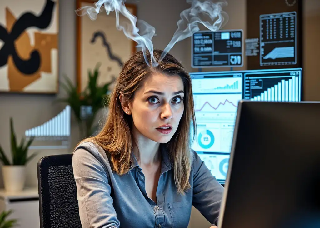 A slightly confused woman staring at a computer screen filled with statistical graphs, with smoke comically rising from her head, illustrating the challenge of understanding statistical significance.