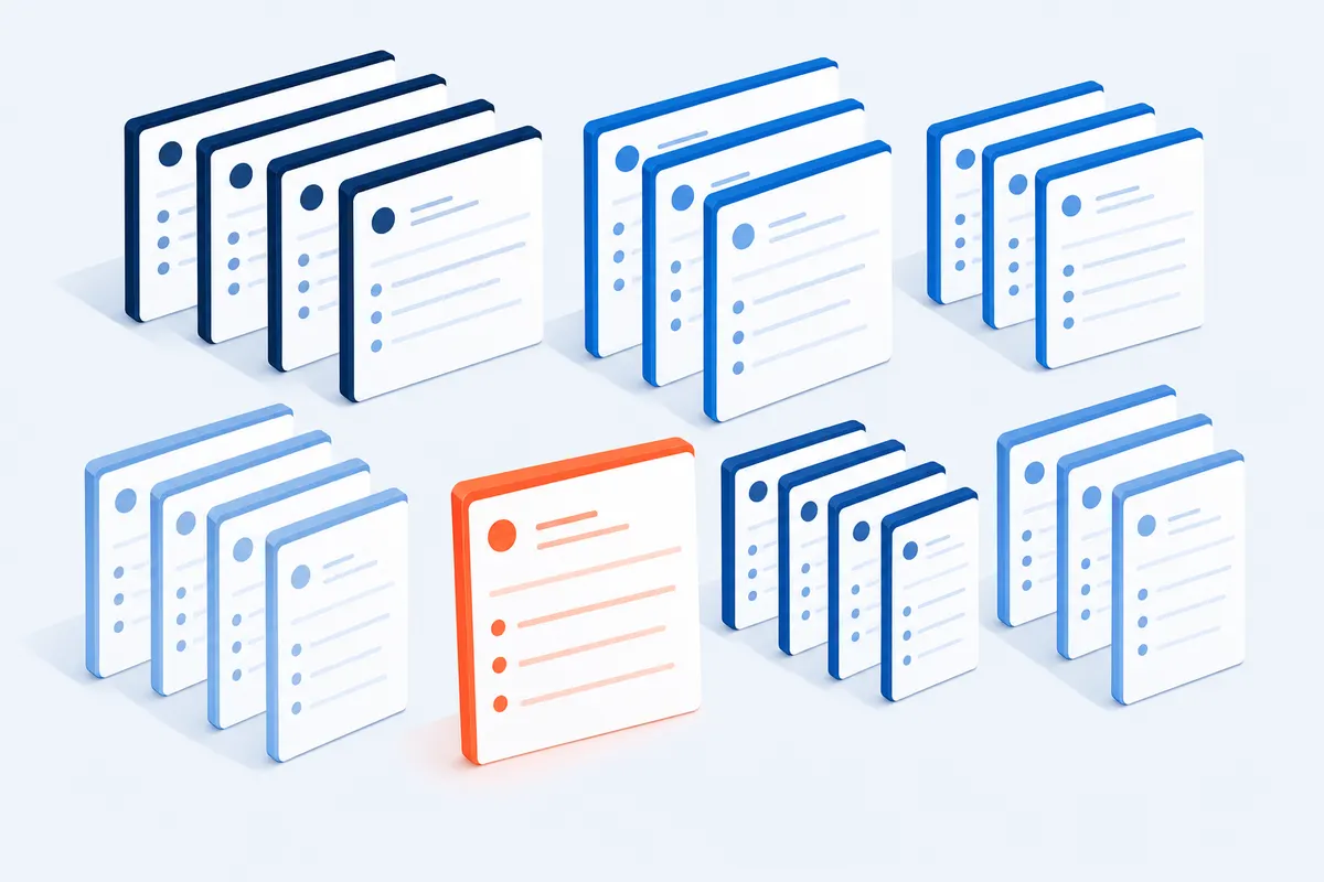 Abstract fanned grid of survey template cards organised into groups